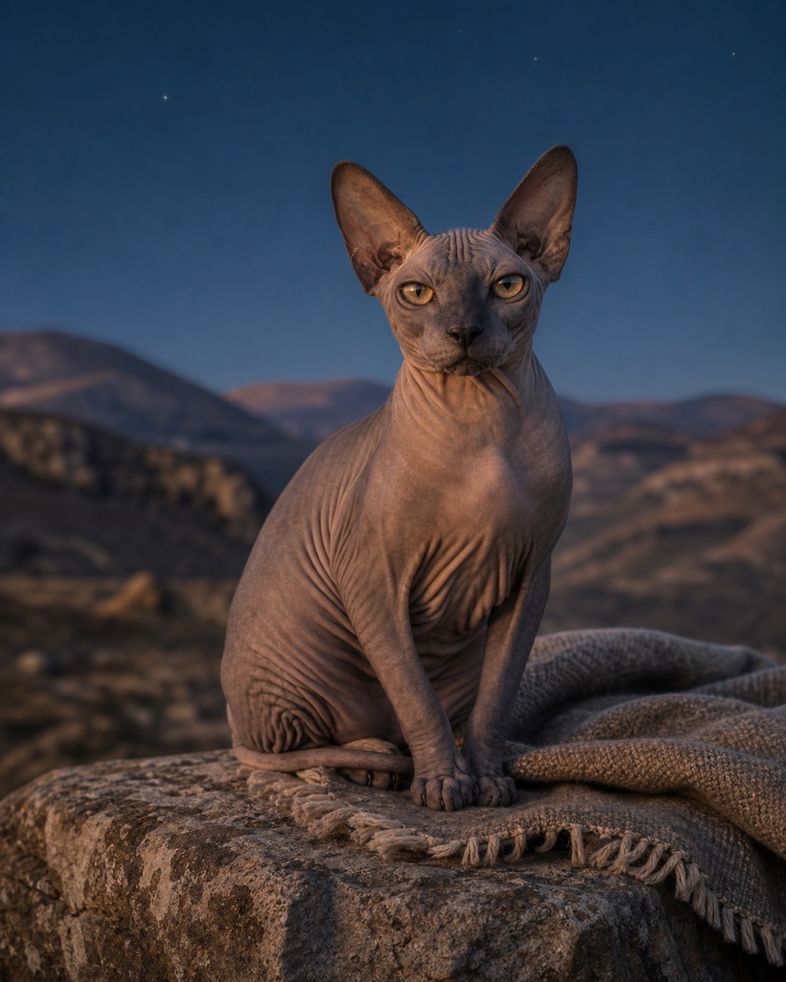Sphynx in a quiet blue-hour landscape