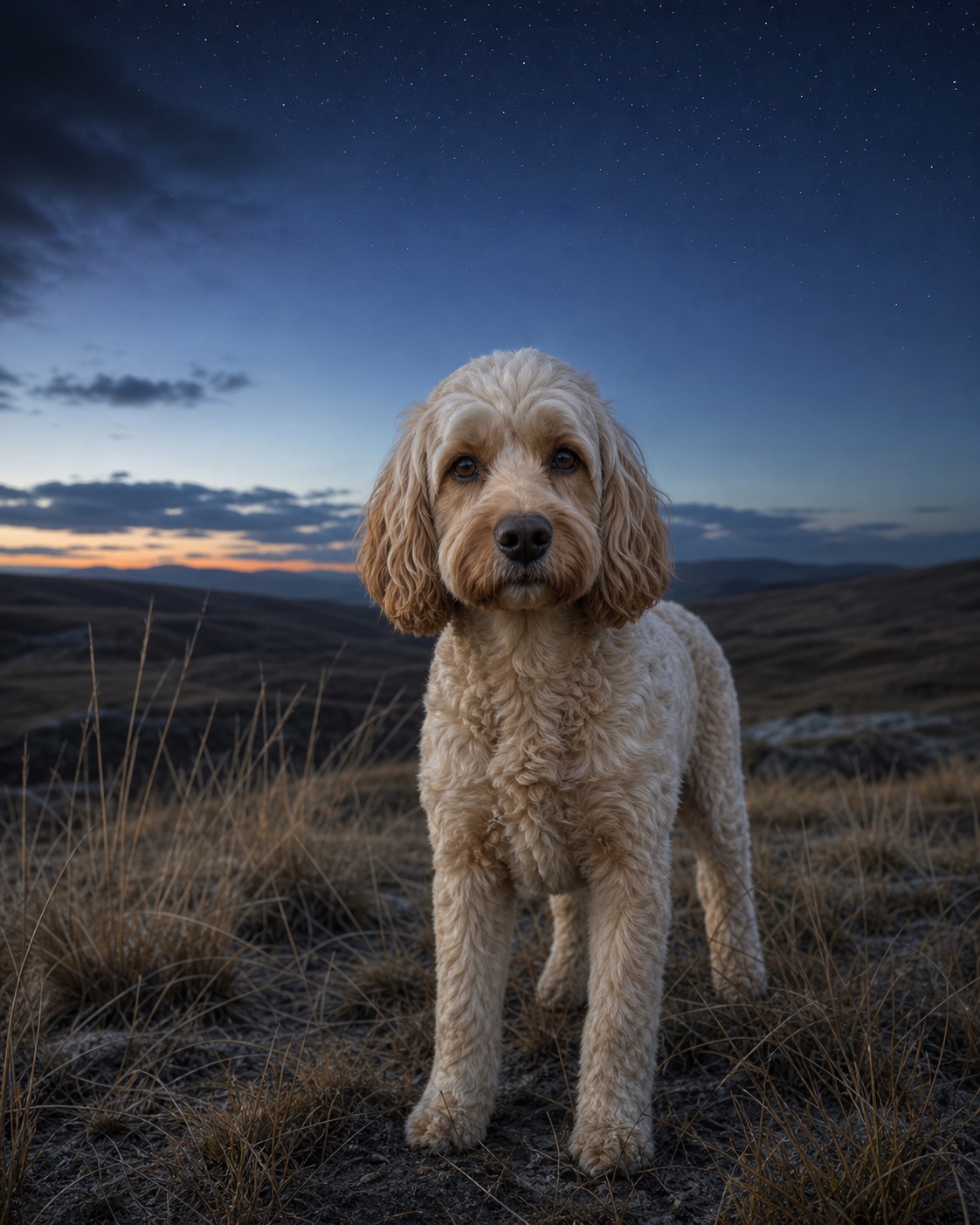 Spoodle in a quiet blue-hour landscape