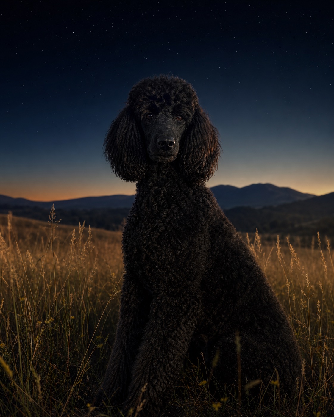 Standard Poodle in a quiet blue-hour landscape