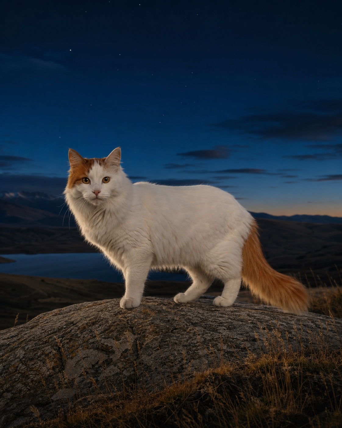 Turkish Van in a quiet blue-hour landscape