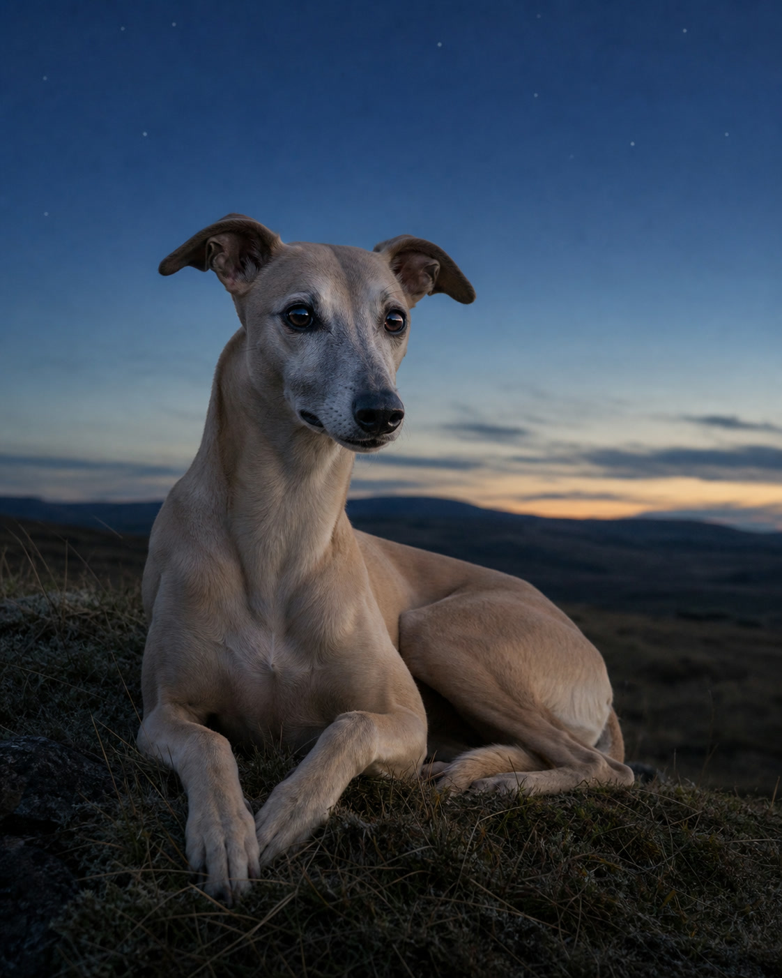 Whippet in a quiet blue-hour landscape