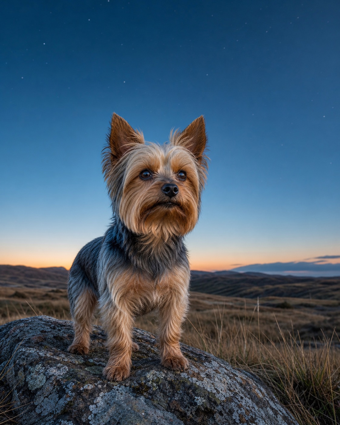 Yorkshire Terrier in a quiet blue-hour landscape